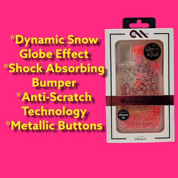iPhone X , iPhone XS Case Clear Glowing Pink Glitter Waterfall by Case-Mate NEW! - Picture 9 of 12